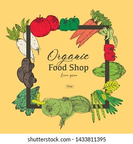 Hand drawn organic food banner. Organic herbs and spices. Healthy food for sale. Vector illustration.