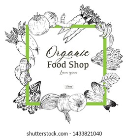Hand drawn organic food banner. Organic herbs and spices. Healthy food for sale. Vector illustration.