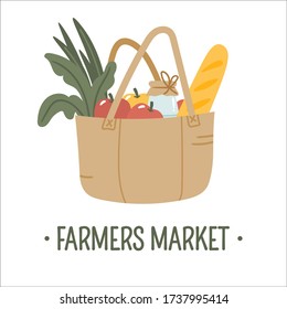 Hand drawn organic food in tote bag isolated on white background. Vector banner template of a eco friendly, green lifestyle, healthy eating, farmers vegetables, local business support