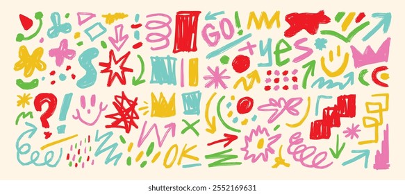 Hand drawn organic grunge bold shapes, curved lines and dots vector set. Geometric set in Memphis style. Grunge swirled brush stroke, curly and straight lines. Vector illustration