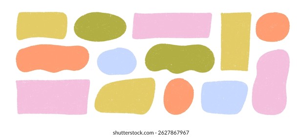 Caixas de texto orgânicas irregulares desenhadas à mão, formas onduladas orgânicas e retângulos arredondados. Bolhas de fala vazias de cor pastel com lápis de cera desenhado à mão ou textura de grãos. Abstrato rabiscar formas líquidas.