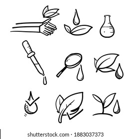 hand drawn organic leaf line icons symbol for Dermatologically tested, Paraben chemical formula icons. Hypoallergenic tested in doodle style