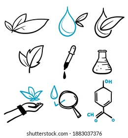 hand drawn organic leaf line icons symbol for Dermatologically tested, Paraben chemical formula icons. Hypoallergenic tested in doodle style