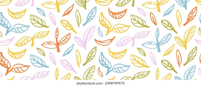 Hand drawn organic leaves colorful seamless pattern. Crayon drawn pencil foliage in kid's style. Branches with leaves ornamental seamless banner design. Natural eco wallpaper with multi colored twigs.