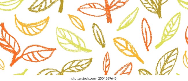 Hand drawn organic leaves colorful seamless pattern. Crayon drawn pencil foliage in kid's style. Branches with leaves ornamental seamless banner design. Natural eco wallpaper with multi colored twigs.