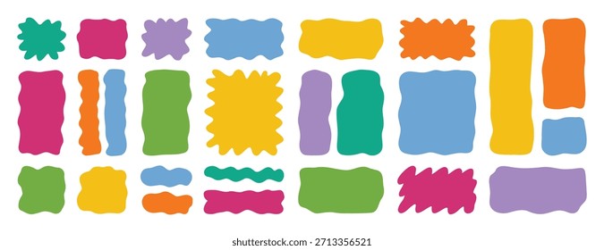 molduras de retângulo líquido desenhadas à mão molduras definidas. bolhas quadradas de fluido vetorial. manchas onduladas irregulares de caixa de texto plana abstrato. curvas banners coloridos aleatórios. Ilustração vetorial