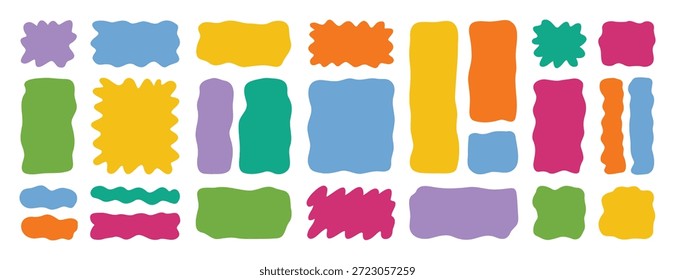 molduras de retângulo líquido desenhadas à mão molduras definidas. bolhas quadradas de fluido vetorial. manchas onduladas irregulares de caixa de texto plana abstrato. curvas banners coloridos aleatórios. Ilustração vetorial