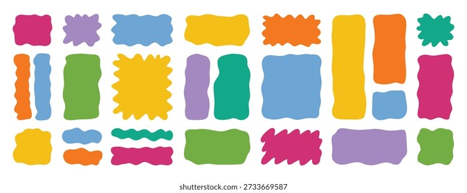 Conjunto de Formas de marco de rectángulo líquido orgánico dibujado a mano. Blobs cuadrados de fluido de Vector. Manchas de cuadro de texto plano abstracto irregular ondulado. Anuncios coloridos aleatorios curvos. Ilustración vectorial