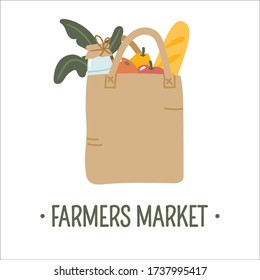 Hand drawn organic local food in tote bag isolated on white background. Vector banner template of a eco friendly, green lifestyle, healthy eating, farmers vegetables, farm business support