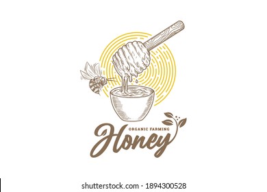 Hand drawn organic natural honey bee farming logo with leaves