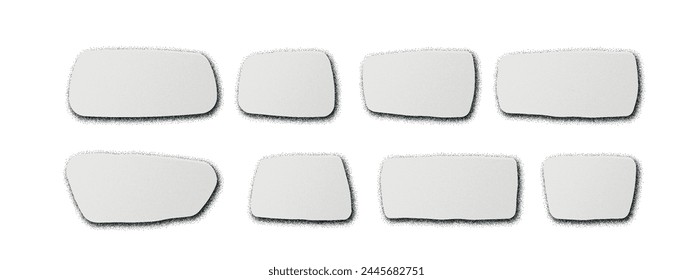 Hand drawn organic rectangles. Gray vector geometric shapes with grainy shadow. Speech bubble blobs. Illustration isolated on white background. Textured rounded photo frames. Grunge effect. Free form