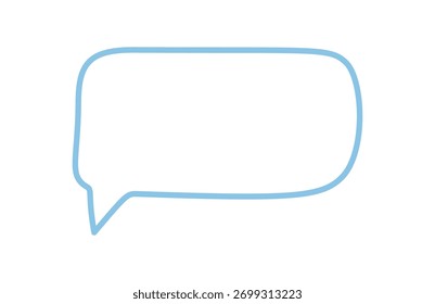 Hand drawn organic speech box outline with round rectangle shape creates a chat balloon template. Conversation and message textbox for modern communication, blue color, simple outline design.
