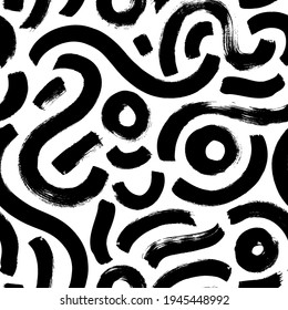 Hand drawn organic vector seamless pattern. Black textured brush strokes. Curved lines and circles. Modern stylish texture with rough natural maze. Black and white wavy organic rounded shapes pattern