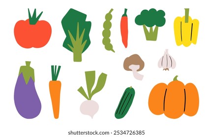 Hand Drawn Organic Vegetable Icons. A collection of 13 hand-drawn vegetable icons, perfect for healthy food, organic, and farm-to-table designs. Featuring a variety of fresh vegetables.