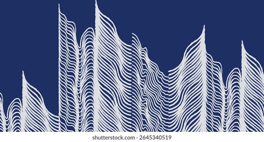 Hand drawn organic wavy brush lines abstract flowing water, Japanese zen pattern motif in blue and white, serene topographical effect graphic for textile, carpet and design