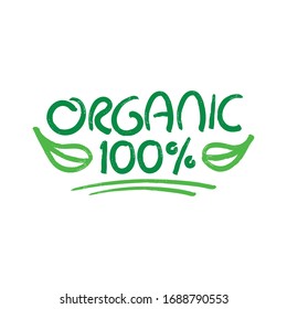 hand drawn organic word and 100 percent concept. green organic concept