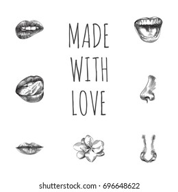 Hand Drawn Organs Sketches Set. Collection Of Lick, Passion, Tongue And Other Sketch Elements.