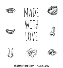 Hand Drawn Organs Sketches Set. Collection Of Teeth, Nostril, Eyeball And Other Sketch Elements.