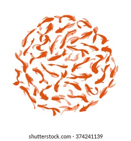 Hand drawn oriental illustration with red koi carps in vector. Hand drawn circle of fishes.