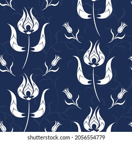 Hand drawn Oriental Islamic ethnic seamless pattern with white tulips on the blue background. Great for wallpaper, scrapbooking, packaging, wallpaper.