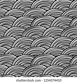 Hand drawn oriental ornament background. Black and white ink drawn clouds seamless pattern. Abstract geometric background. Styled fish scale or waves circles pattern. Vector illustration.