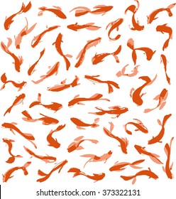 Hand drawn oriental pattern with red koi carps in vector. Hand drawn seamless asian textured pattern with fishes.