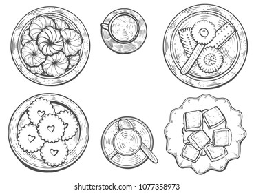 hand drawn. Oriental sweets vector illustration. Middle eastern food. Food menu background. top view. Monochrom design template.