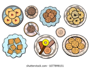 hand drawn. Oriental sweets vector illustration. Middle eastern food. Food menu background. top view. Colorful design template.