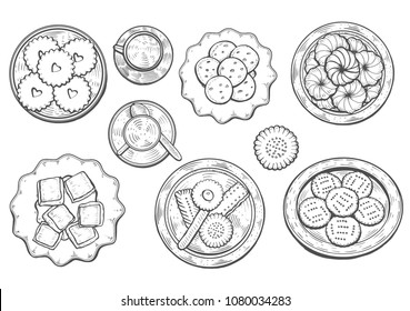 hand drawn. Oriental sweets vector illustration. Middle eastern food. Food menu background. top view. Monochrom design template.