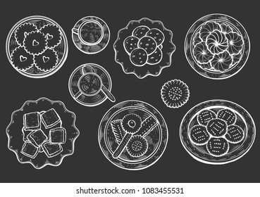 hand drawn. Oriental sweets vector illustration. Middle eastern food. Food menu background. top view. Monochrom design template.