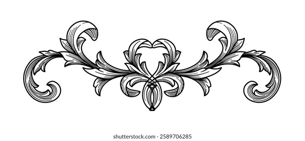 Hand drawn oriental vector Vintage baroque ornament. Retro damask arabesque. Symmetrical Filigree flower flourish classic element, victorian floral swirl frame, decorative ornate isolated 