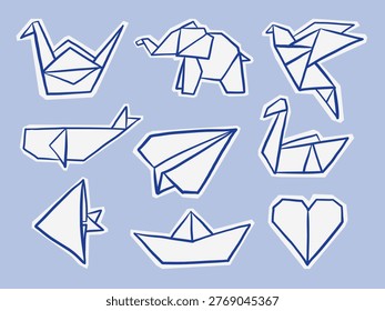 Hand drawn origami doodle set with crane, elephant, bird, plane, boat, and heart shapes. Ideal for minimal designs, education, craft themes, and creative projects.