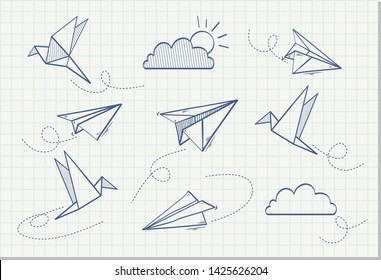 Hand drawn Origami paper birds, airplane, sun and cloud