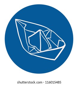 Hand drawn origami paper boat on the blue background. Vector illustration.