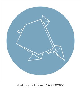Hand drawn origami vector illustration. White contoured figure of frog on blue circle isolated on white background. Paper folding art. Perfect for icon or logo.