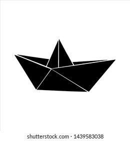 Hand drawn origami vector illustration. Black silhouetted figure of boat on white background. Paper folding art. Perfect for icon or logo.