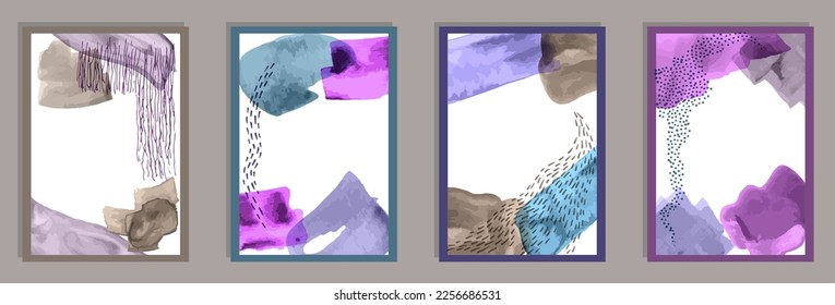 Hand drawn original canvas vector collection. Watercolor splashes patterns. 60s style frames. Youth banner templates. Doodle elements.