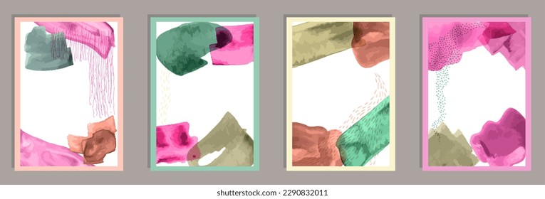 Hand drawn original covers vector set. Watercolor spots texture. Nordic style design. Youth home decor layouts. Brush stroke elements.