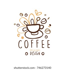 Hand drawn original logo design with cup of coffee