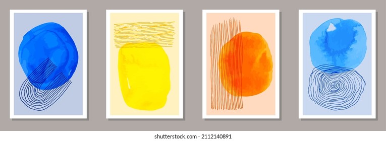 Hand drawn original postcards vector set. Watercolor blotches shapes. Japanese style design. Cool house decor templates. Brush stroke elements.