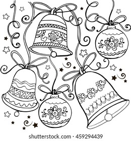 Hand drawn ornament with Christmas bells for the anti stress coloring page.