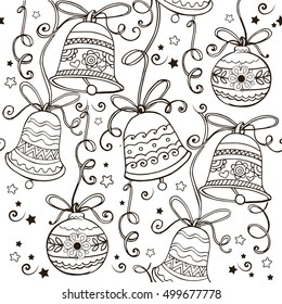 Hand drawn ornament with Christmas bells for the anti stress coloring page. Vector ornament with Christmas bells monochrome.