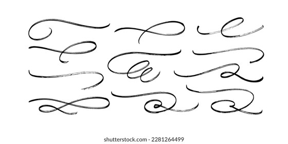 Hand drawn ornament divider collection. Vector calligraphy swirls. Brush drawn flourishes, swashes and decorative wavy lines. Black filigree underline strokes. Typography tails in vintage style. 