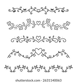 Hand drawn ornament dividers. Set of hearts, flowers and leaves wedding decorative elements.	