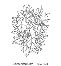Hand Drawn Ornament with floral pattern. for coloring book for adult. Template for Greeting Card. Vector Monochrome background
