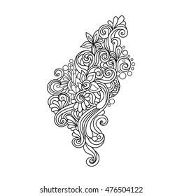 Hand Drawn Ornament with floral pattern. for coloring book for adult. Template for Greeting Card. Vector Monochrome background