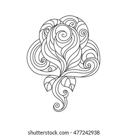 Hand Drawn Ornament with floral pattern. for coloring book for adult. Template for Greeting Card. Vector Monochrome background