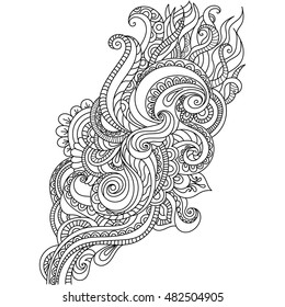Hand Drawn Ornament with floral pattern. for coloring book for adult. Template for Greeting Card. Vector Monochrome background