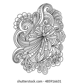 Hand Drawn Ornament with floral pattern. for coloring book for adult. Template for Greeting Card. Vector Monochrome background