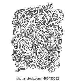 Ornamento dibujado a mano con motivos florales. para colorear un libro para adultos. Plantilla para tarjeta de felicitación. Fondo monocromo vectorial